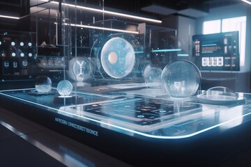 Poster - A Futuristic Display Of Glass Balls And Other Objects In A Room Science Museum Animation Motion Graphics Generative AI 