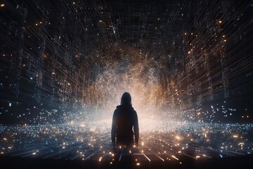 Fototapete - A Person Standing In A Dark Room With A Lot Of Lights Deep Sea Trench Animation Natural Language Processing Generative AI 