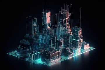 Poster - A Futuristic City With Neon Lights And Trees In The Background And A Dark Background Modern Urban Skyline Animation Motion Graphics Generative AI 