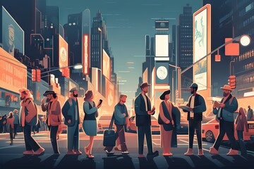Poster - A Group Of People Standing On A Street Corner In The City Modern City At Dusk Animation Digital Illustration