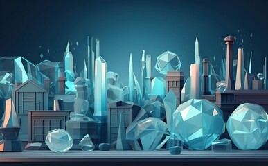 Poster - A Bunch Of Crystal Stones And Buildings In A Blue Background With A Black Background Glacier Animation Motion Graphics Generative AI 