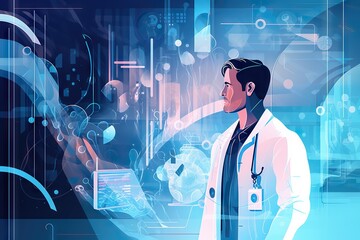 Poster - A Man In A White Coat Is Standing In Front Of A Digital Background Hospital Graphic Design Medical Writing Generative AI 