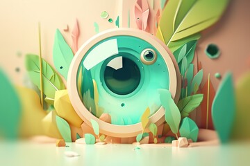 Poster - A Digital Illustration Of A Green Object With Eyes And Leaves Surrounding It Zoo Animation Motion Graphics Generative AI 
