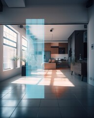 Poster - A Room With A Large Window And A Couch In It With A Plant In The Corner Living Room Photorealism Interior Design Generative AI 
