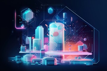 Poster - A Futuristic City With A Futuristic Design And Colorful Shapes On A Dark Background Factory Graphic Design Motion Graphics Generative AI 