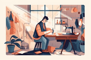 Poster - A Man Sitting At A Table Working On A Sewing Machine In A Room With A Window Factory Paper Cutting Sewing Generative AI 