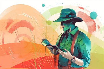 Poster - A Man In A Green Hat Is Using A Cell Phone And A Green Jacket African Safari Landscape Color Field Painting Digital Illustration Generative AI 