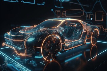 Poster - A Futuristic Car With Glowing Lights On The Floor And A Black Background Car Repair Shop Animation Automotive Design Generative AI 