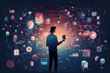Poster - A Man Standing In Front Of A Wall With Many Different Objects Workshop Graphic Design Data Analytics