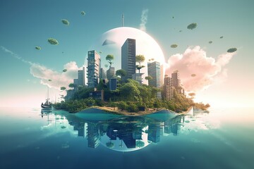 Poster - A Small Island With A City On It Floating In The Water Oasis Panoramic Photography Environment Generative AI 