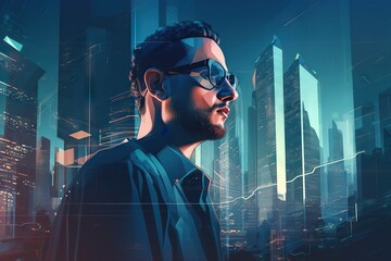 Poster - A Man With Sunglasses And A Beard In A Cityscape Modern Urban Skyline Graphic Design Motion Graphics
