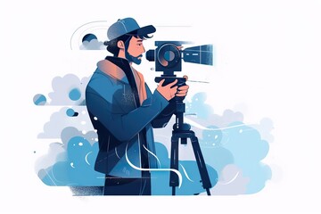 Poster - A Man In A Suit And Hat Holding A Camera And A Tripod Tv Studio Animation Video Marketing