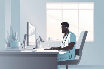 Poster - A Man Sitting At A Desk With A Computer On It And A Headphone To His Ear Hospital Animation Medical Writing