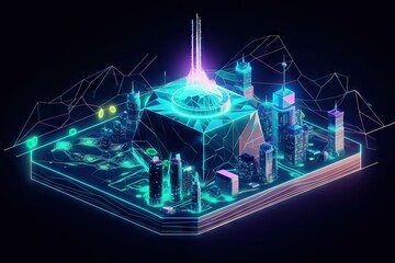 Poster - A Futuristic City With A Futuristic Architecture And Neon Lights On It Modern Urban Skyline Video Art Motion Graphics Generative AI 
