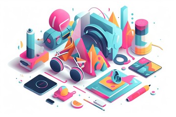 Fototapete - A Colorful Illustration Of A Computer And Other Items On A White Background Junkyard Assemblage Motion Graphics