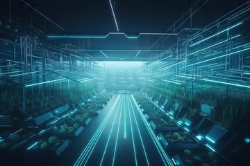 Poster - A Futuristic Room With A Lot Of Plants And Lights On The Ceiling Farm Video Art Motion Graphics