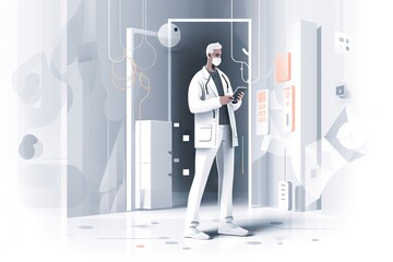 Poster - A Man In A White Suit And Mask Standing In A Doorway Hospital Graphic Design Medical Writing Generative AI 