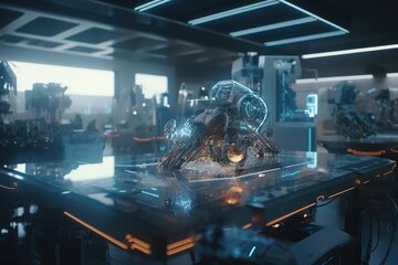 Poster - A Futuristic Looking Table With A Large Object On It's Surface Factory Animation Artificial Intelligence