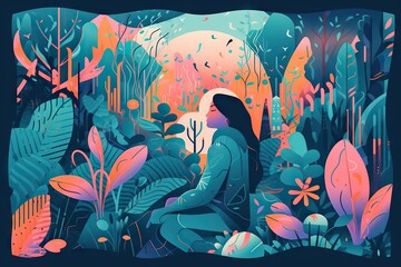 Poster - A Woman Sitting In The Middle Of A Forest With Plants And Flowers Forest Animation Print Design Generative AI 