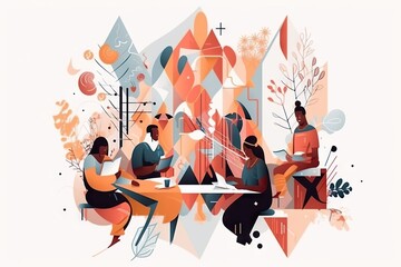 Poster - A Group Of People Sitting Around A Table With Drinks And Food Coffee Shop Graphic Design Social Innovation Generative AI 