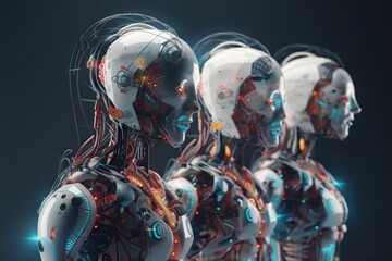 Poster - A Group Of Humanoids With Their Heads Turned To The Side Factory Animation Robotics Engineering Generative AI 