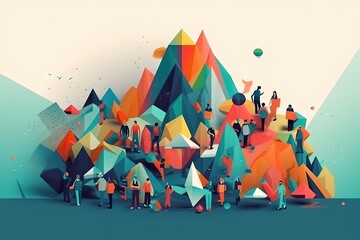 Poster - A Group Of People Standing In Front Of A Mountain With A Sky Background Mountain Animation Motion Graphics Generative AI 