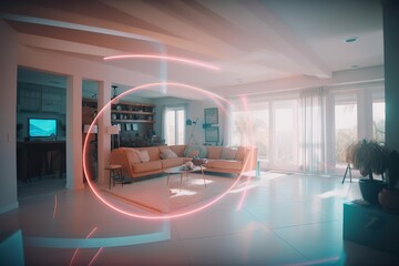 Poster - A Living Room With A Couch And A Television In It's Center Living Room Photorealism Smart Homes Generative AI 