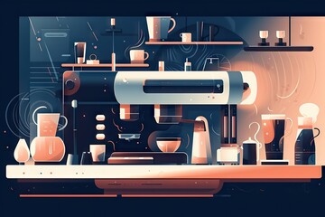 Poster - A Computer Screen With A Bunch Of Objects On It And A Blue Background Coffee Shop Animation Kitchen Appliances
