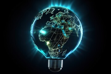 Poster - a light bulb with a map of the world inside it on a black background solar farm environmental art in