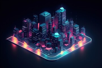 Poster - A City With Neon Lights And Buildings On A Black Background With A Blue And Pink Background Modern City Skyline At Night Animation Smart Homes Generative AI 
