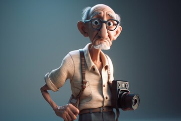 Poster - A Cartoon Man With A Camera And A Sweater On Holding A Camera Canyon Photorealism Animation Filmmaking Generative AI 