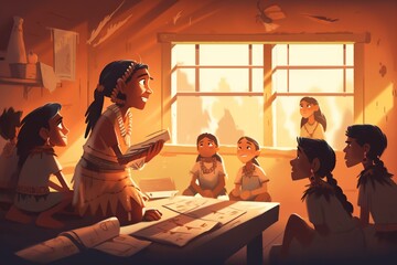 Poster - A Group Of People Sitting Around A Table In A Room With A Window Classroom Weaving Anthropology Generative AI 