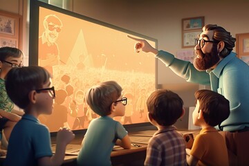 Poster - A Man Pointing To A Screen With Children Watching Him In Front Of Him Volcano Animation Influencer Marketing