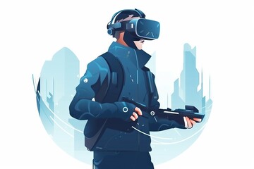 Poster - A Man In A Blue Jacket And A Black Helmet Holding A Gun Modern Urban Skyline Animation Virtual Reality Generative AI 