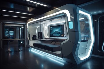 Poster - a futuristic room with a large screen and a bed in it conference room photorealism smart homes gener