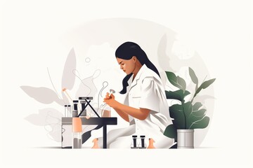 Poster - A Woman In White Shirt Sitting At A Table With A Pipe Factory Animation Biotechnology Generative AI 