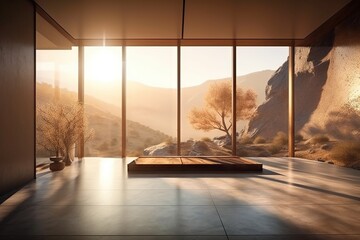 Poster - A Room With A Large Window And A View Of Mountains And Trees Bedroom Minimalism Smart Homes Generative AI 