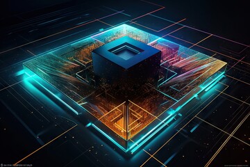 Poster - A Square Object With Neon Lights On It In A Dark Room Factory Graphic Design Computer Graphics Generative AI 