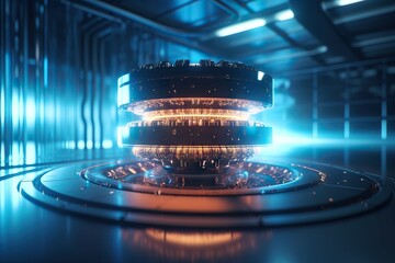 Poster - A Futuristic Room With A Circular Light Fixture In The Center Of It Factory Animation Motion Graphics Generative AI 