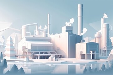 Poster - A Factory With Smoke Stacks And A Body Of Water In Front Of It Factory Environmental Art Manufacturing Planning And Control Generative AI 