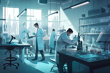 Poster - A Group Of People In A Lab With A Microscope And A Microscope Factory Animation Science Writing