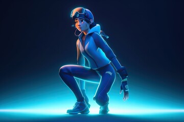 Poster - A Man In A Blue Suit And Helmet Kneeling Down In A Blue Light Tundra Animation Animation