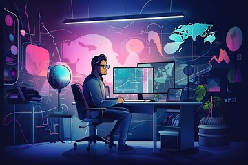 Poster - A Man Sitting At A Desk With A Computer In Front Of Him Workshop Graphic Design Network Engineering Generative AI 
