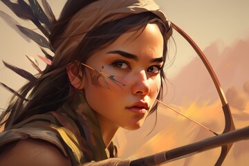 Poster - A Woman With A Bow And Arrow In Her Hand And A Painting Of A Woman With Feathers On Her Head Savanna Photorealism Digital Illustration Generative AI 