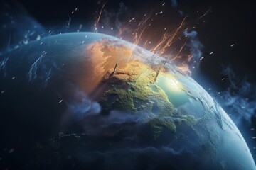 Fototapete - A View Of The Earth From Space With A Lot Of Smoke Coming Out Of It Deep Sea Trench Environmental Art Climate Change Generative AI 
