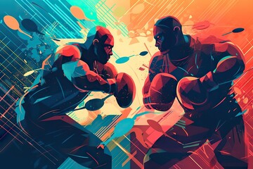 Poster - Two Men In Boxing Stances In A Colorful Background With Splashes Boxing Gym Typography Motion Graphics Generative AI 