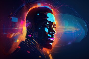 Poster - A Man With A Futuristic Look On His Face And Head With A Colorful Background Nightclub Graphic Design Motion Graphics Generative AI 