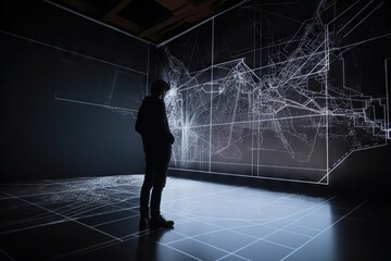 Poster - 
A Person Standing In A Dark Room With A Projection Of Lines Art Museum Video Art Motion Graphics Generative AI 
