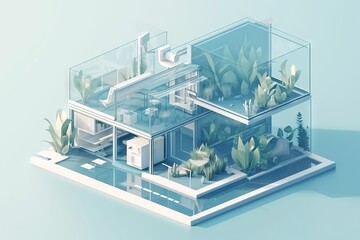 Poster - A House With Plants Inside Of It On A Blue Background With A Reflection Of The House Aquarium Minimalism Smart Homes Generative AI 