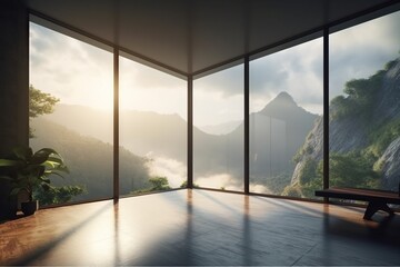 Poster - A Room With A View Of Mountains And A Bench In The Middle Yoga Studio Minimalism Interior Design